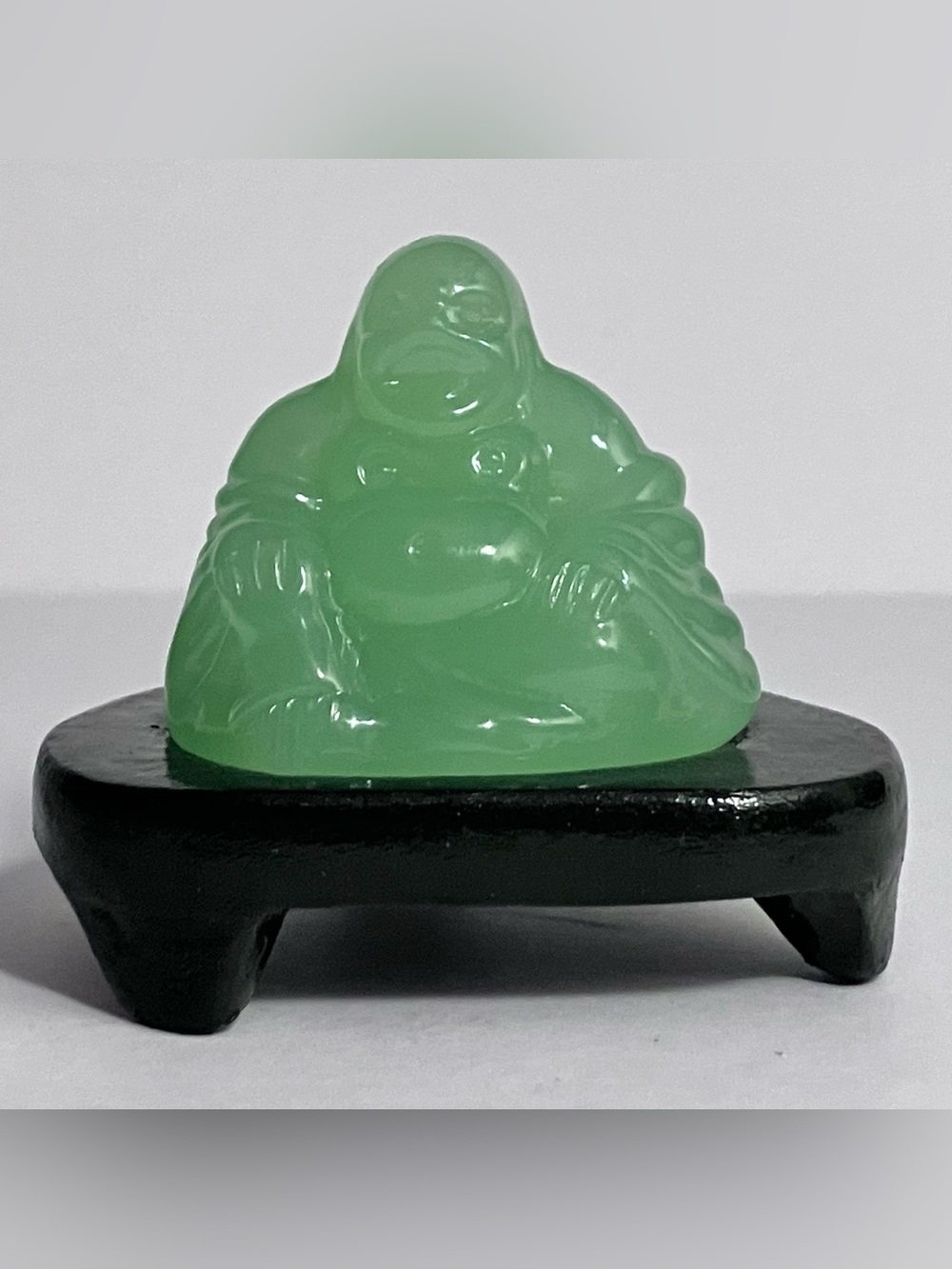 Vintage PEKING GLASS Laughing GOOD LUCK Buddha / CARVED WOOD Stand / 1.5 Inches